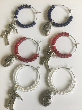 HandmadeFootball Drink Markers • Set of 6 • Red White Blue Beaded Wine Charms